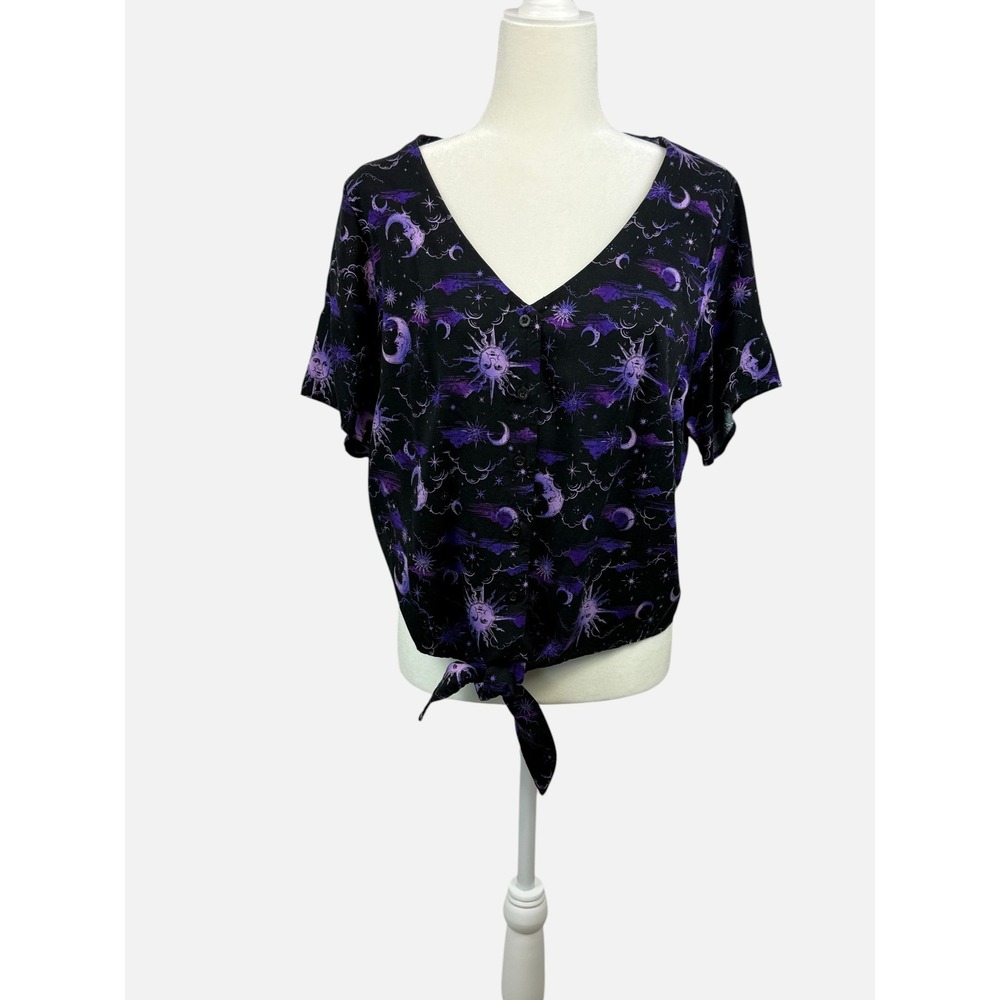 Hot Topic Celestial Tie Front Crop Top XL Purple Sun Moon Witchy